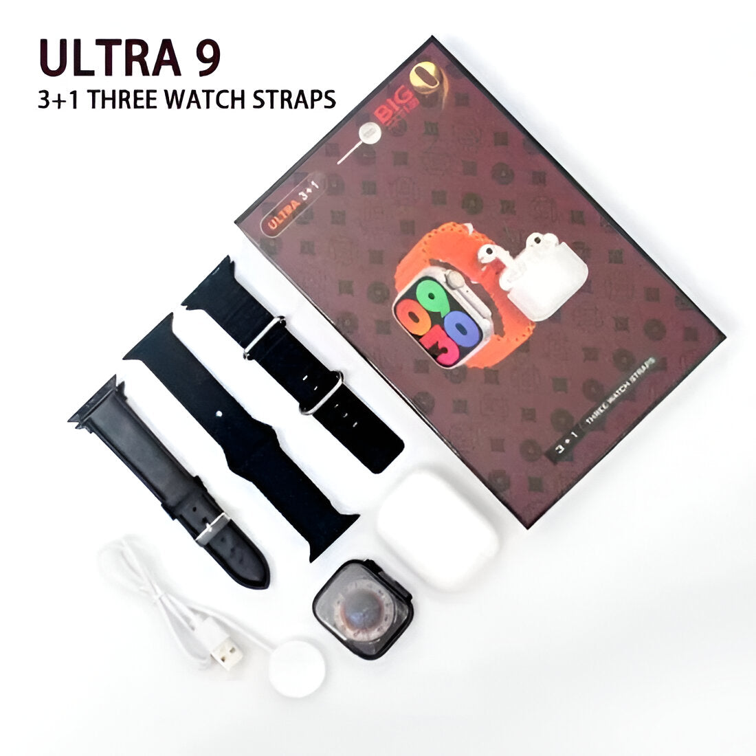 Ultra 9 Smartwatch & EarPods Combo - 3+1 Set with Three Interchangeable Straps