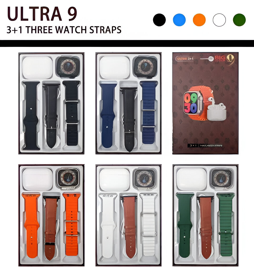 Ultra 9 Smartwatch & EarPods Combo - 3+1 Set with Three Interchangeable Straps